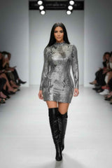 Long Sleeve Body Con Pu Silver Snake Mini