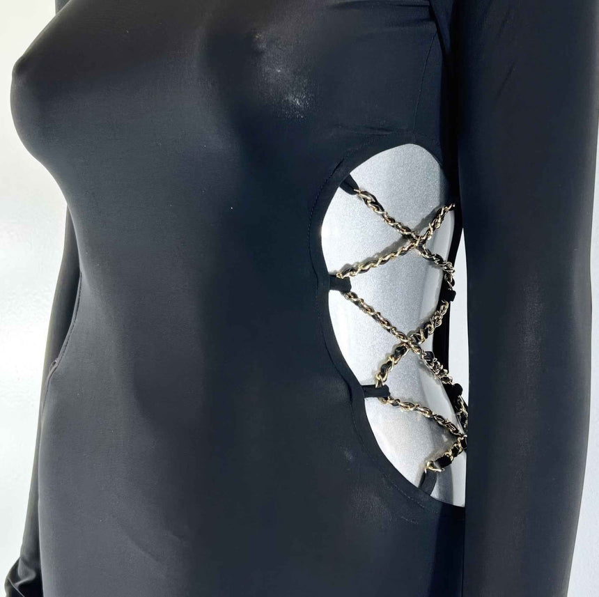 Long Sleeve, High Neck Design Chanel Chain Detail