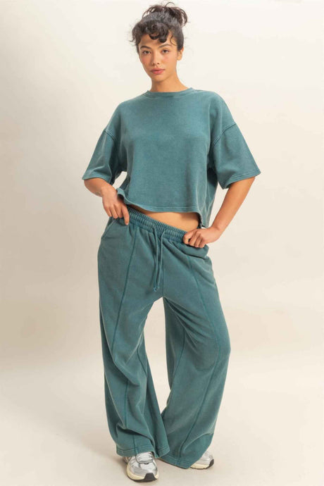 Acid Wash French Terry Wide-leg Pants