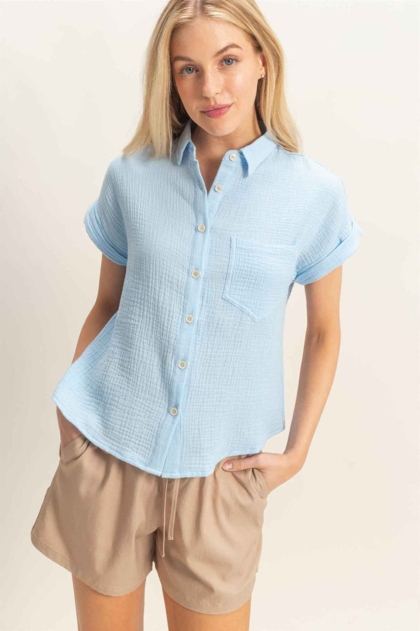 Rolled Sleeve Button-up Top