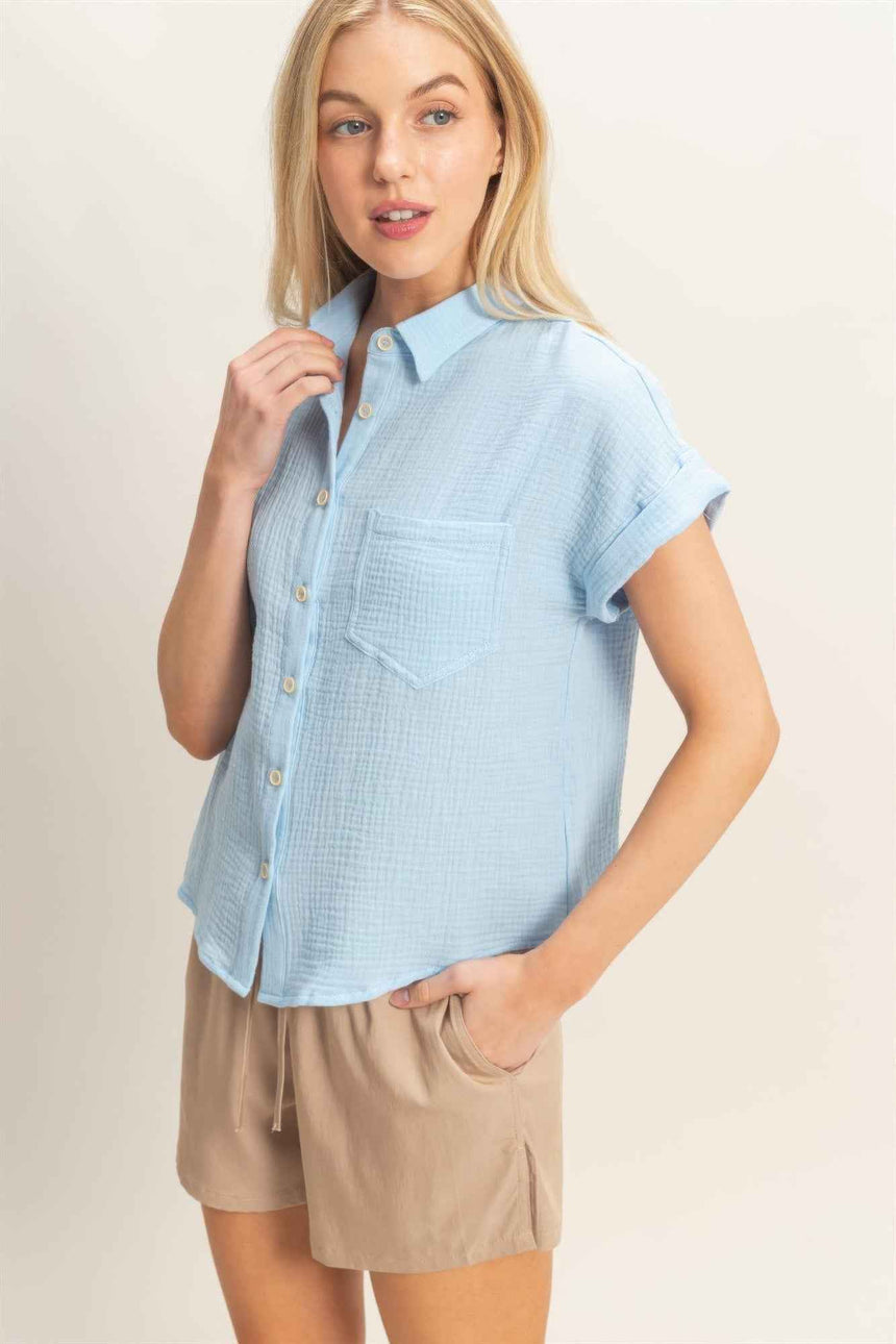 Rolled Sleeve Button-up Top