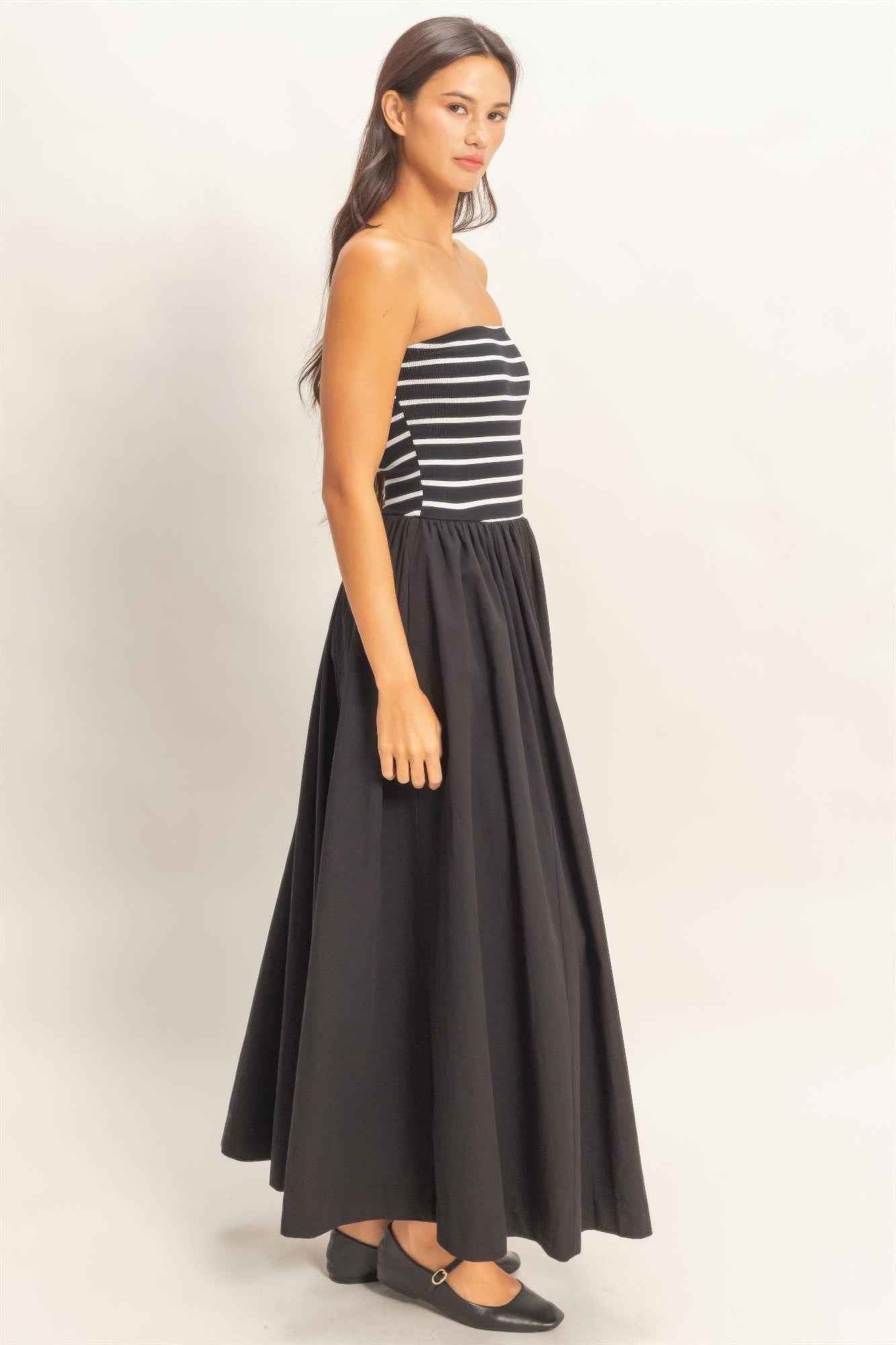 Striped Strapless Flowy Midi Dress