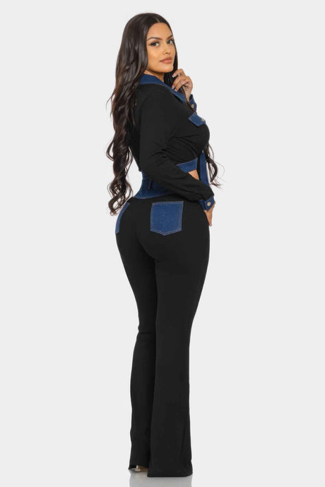 Denim Contrast Pants Set