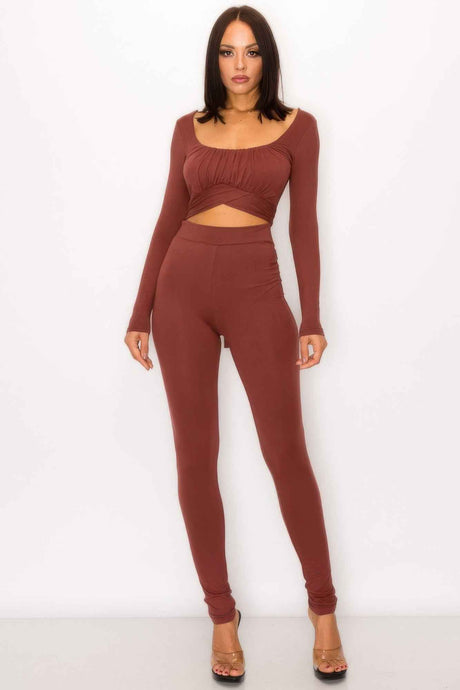 Front Shirring Back Tie Skinny Jumpsuit