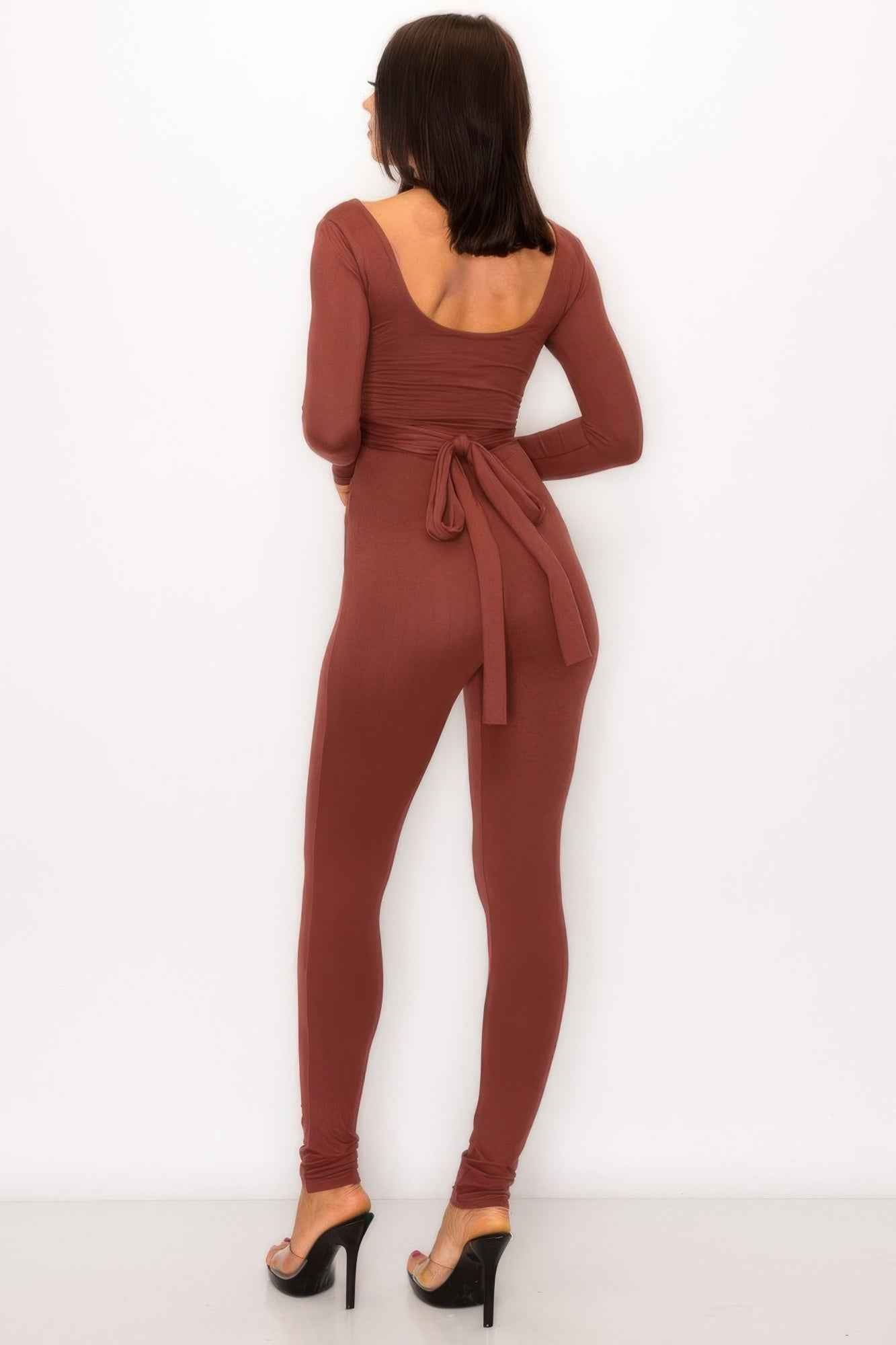 Front Shirring Back Tie Skinny Jumpsuit