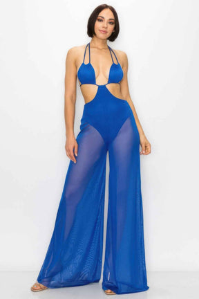 Bikini Top And Mesh Wide Pant Jumpsuit
