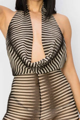 Cowl Neck Knit Mesh Jumpsuit