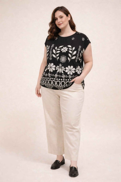 Plus Size Folk Floral Border Print Button-shoulder Top