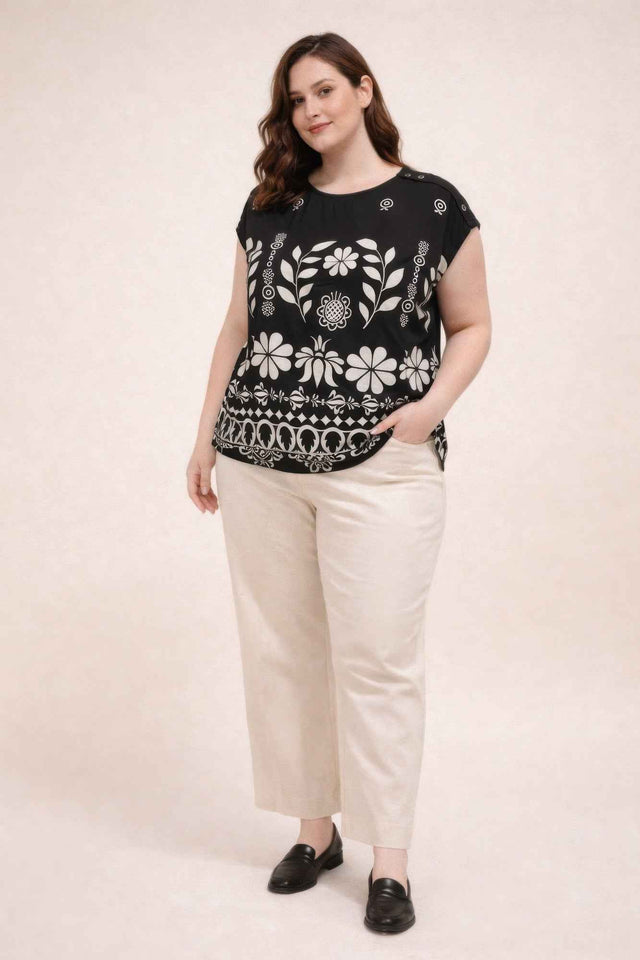 Plus Size Folk Floral Border Print Button-shoulder Top