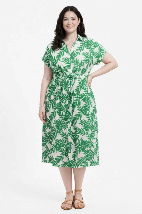Botanical Print Collared Wrap Waist Midi Dress