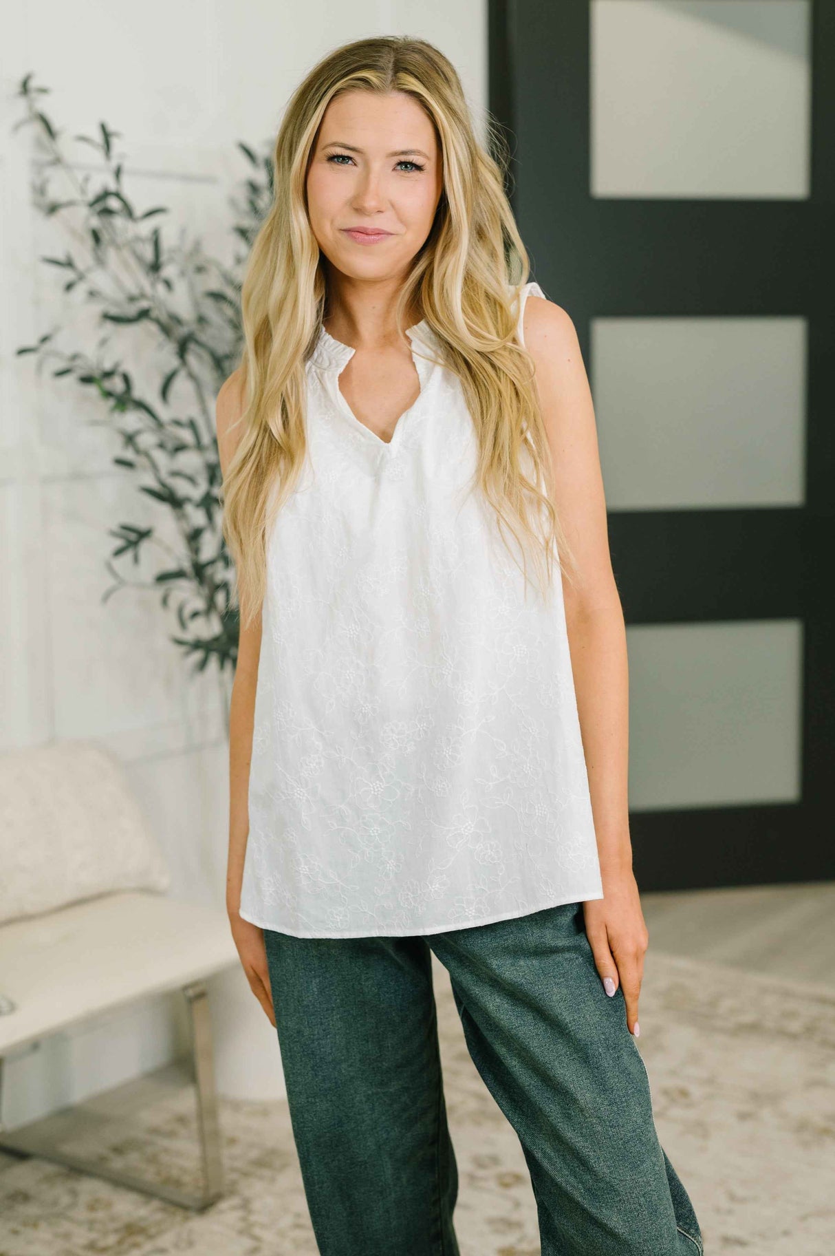 Camellia Split Neck Embroidered Tank in Off White