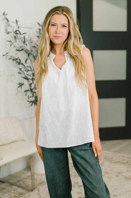 Camellia Split Neck Embroidered Tank in Off White