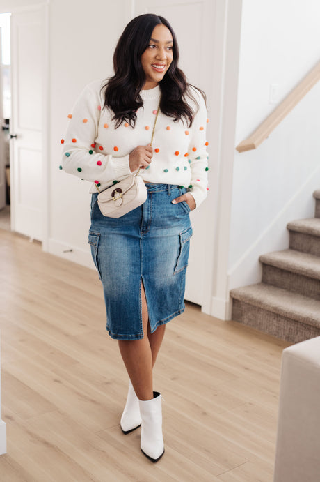 Candy Buttons Pom Detail Sweater - Liarian Unlimited Boutique
