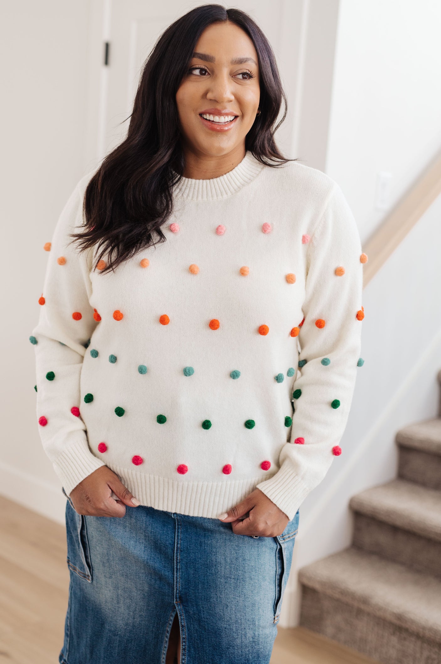Candy Buttons Pom Detail Sweater - Liarian Unlimited Boutique