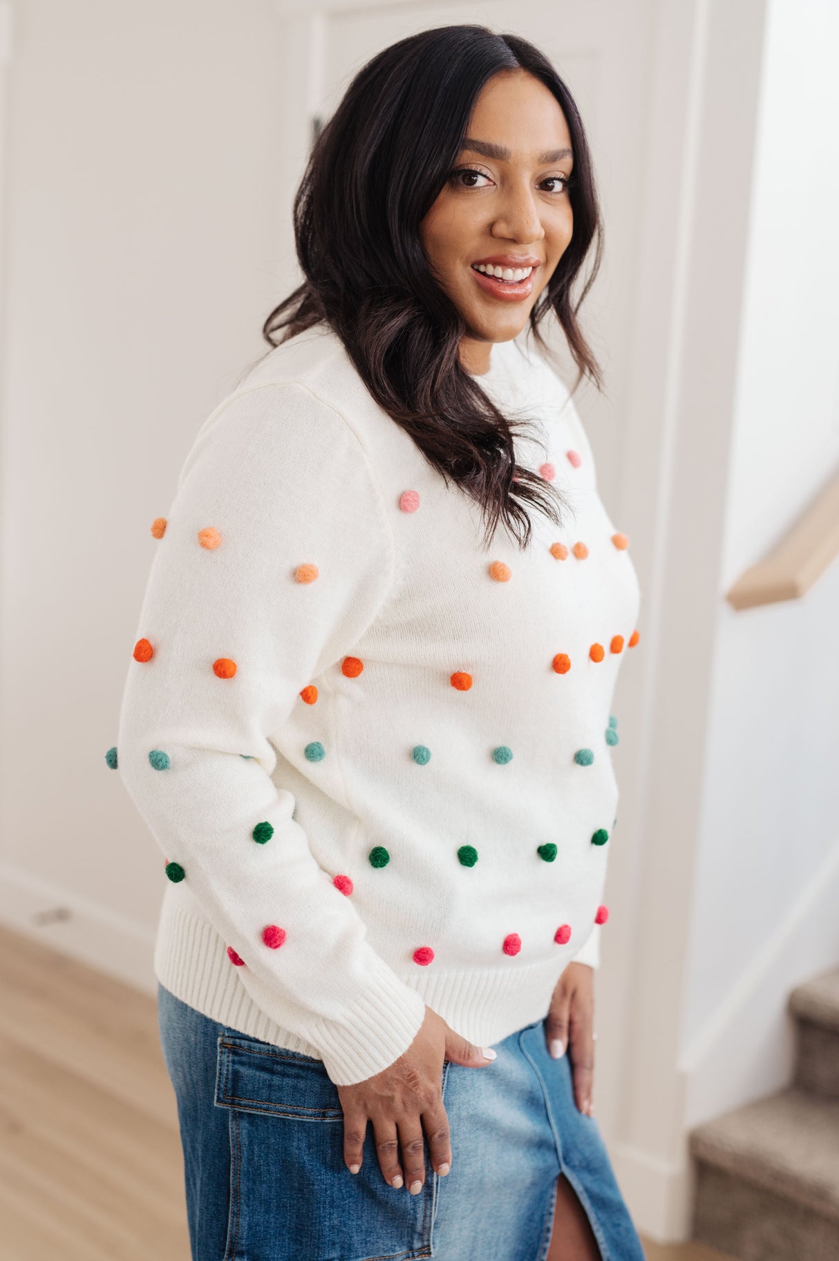 Candy Buttons Pom Detail Sweater - Liarian Unlimited Boutique