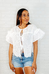 Classy As Heck Eyelet Front Tie Top in Off White