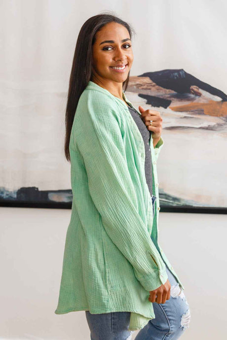 Corey Button Up Top In Vintage Green - Liarian Unlimited Boutique