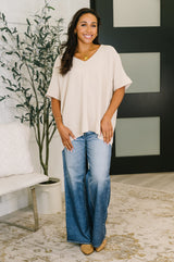 Counter Part Crinkle Woven V-Neck Top in Sand Beige