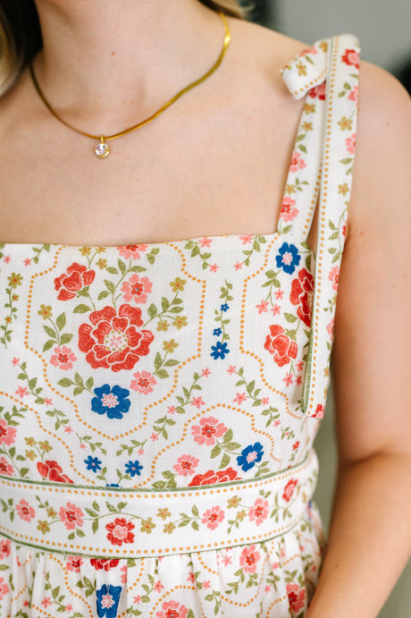 Vestido Country Crush con tirantes ajustables en crema y rojo
