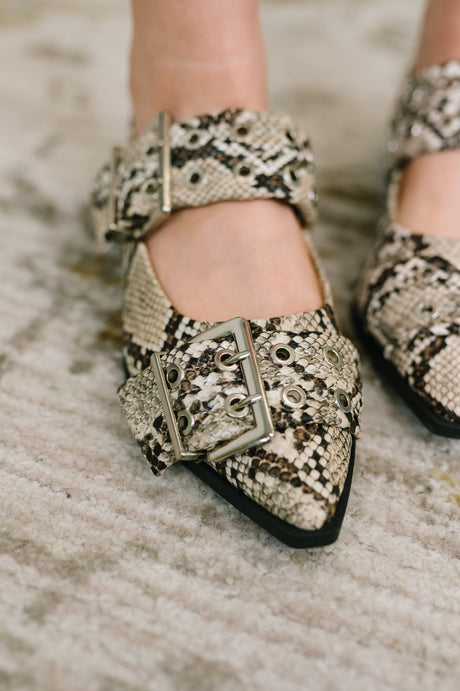 Crazy Train Buckle Pointy Toe Flats in Snakeskin