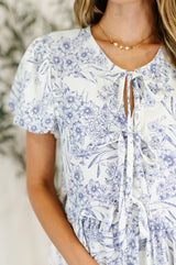 Dainty Lil' Thing Balloon Sleeve Blouse in Ivory/Blue