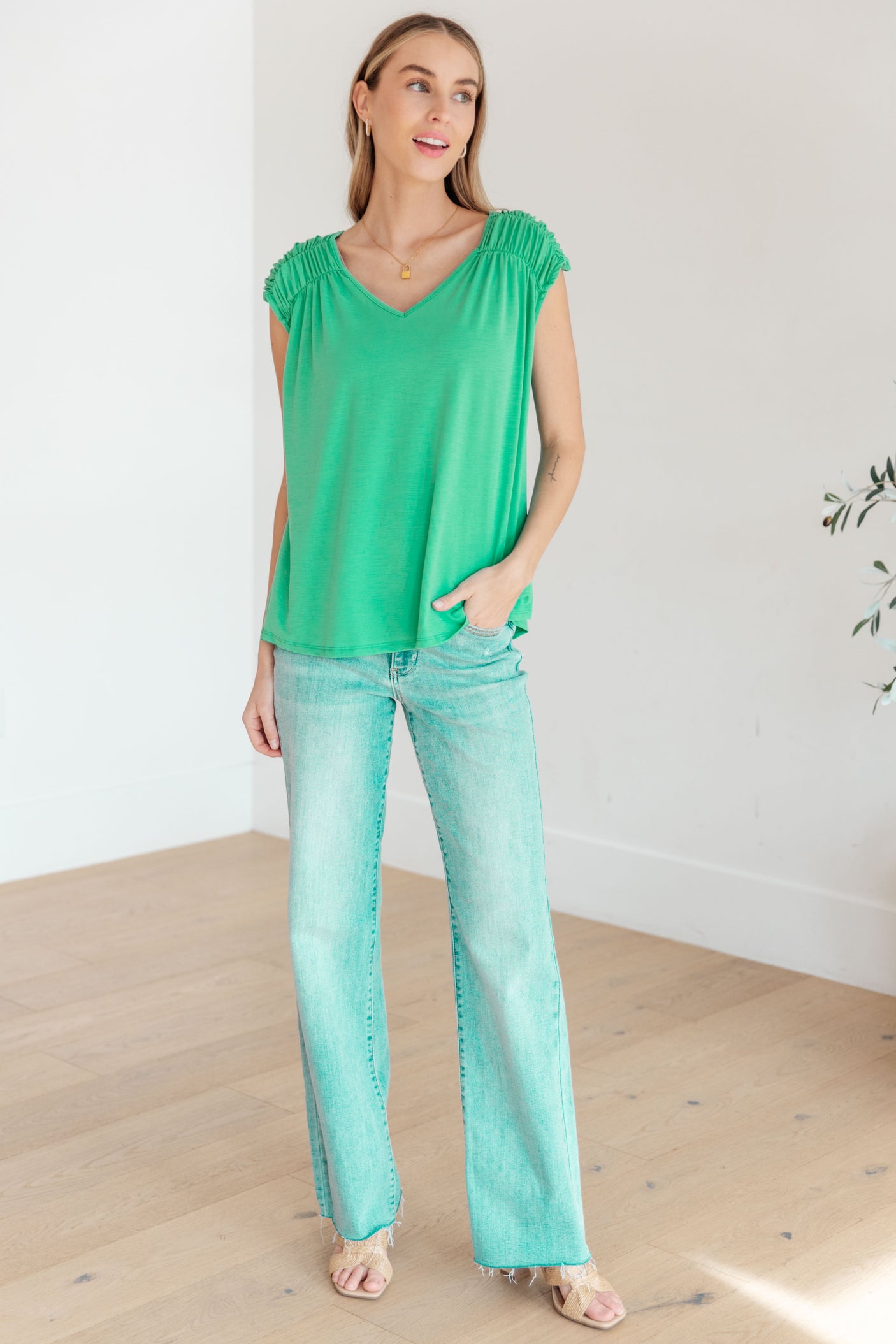 Ruched Cap Sleeve Top in Emerald - Liarian Unlimited Boutique