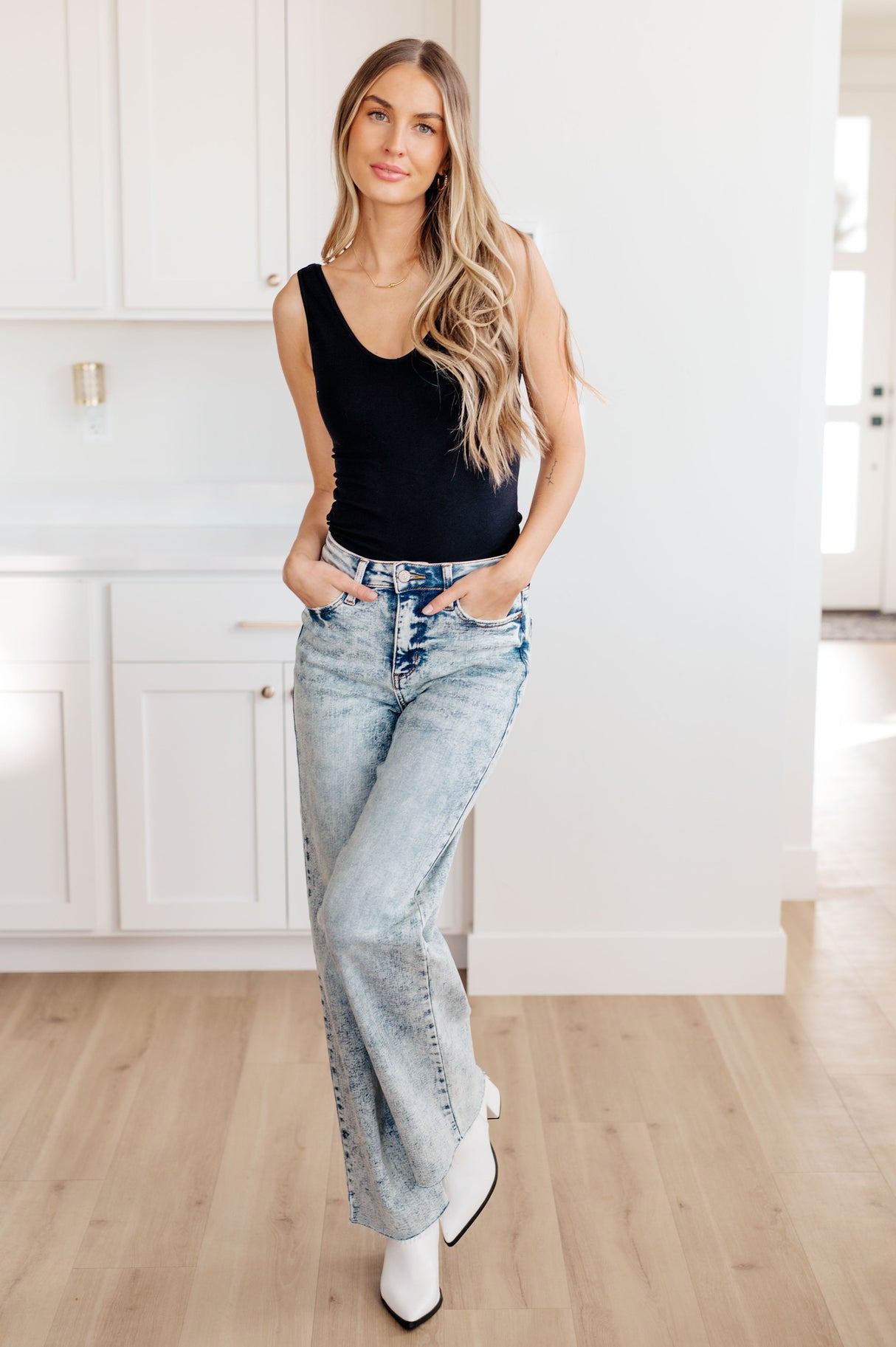 Dory High Waist Mineral Wash Raw Hem Wide Leg Jeans - Liarian Unlimited Boutique
