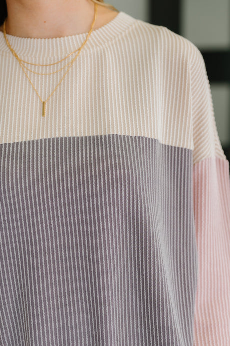 Dual Tones Cable Ribbed Knit Sweater