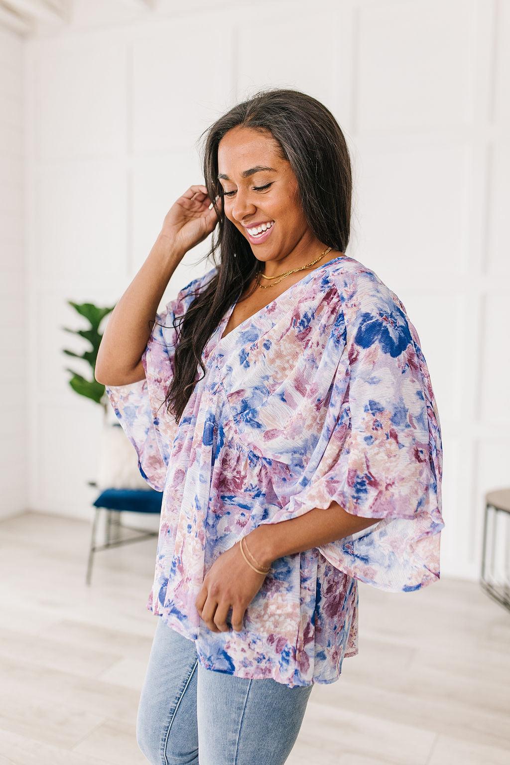 Top peplum drapeado floral Fabled en azul