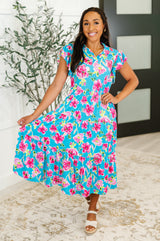 Vestido Fleurget Me Not con mangas abullonadas y capas en color aguamarina