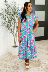 Vestido Fleurget Me Not con mangas abullonadas y capas en color aguamarina