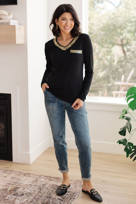 Glitter Lining Long Sleeve V-Neck Top - Liarian Unlimited Boutique