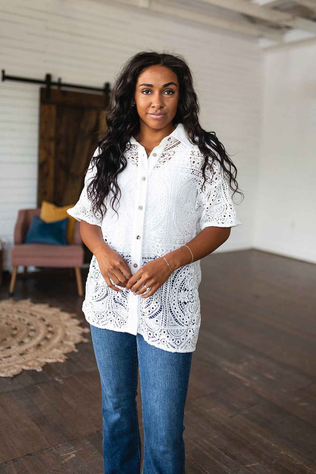 Head in the Clouds Lace Button Down - Liarian Unlimited Boutique