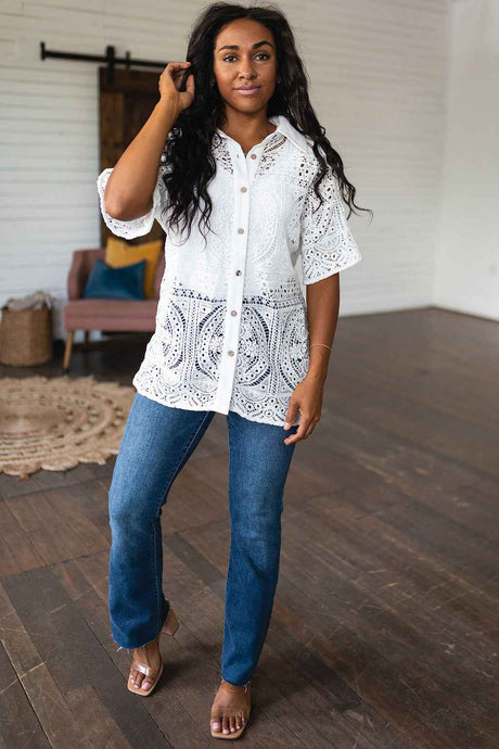 Head in the Clouds Lace Button Down - Liarian Unlimited Boutique