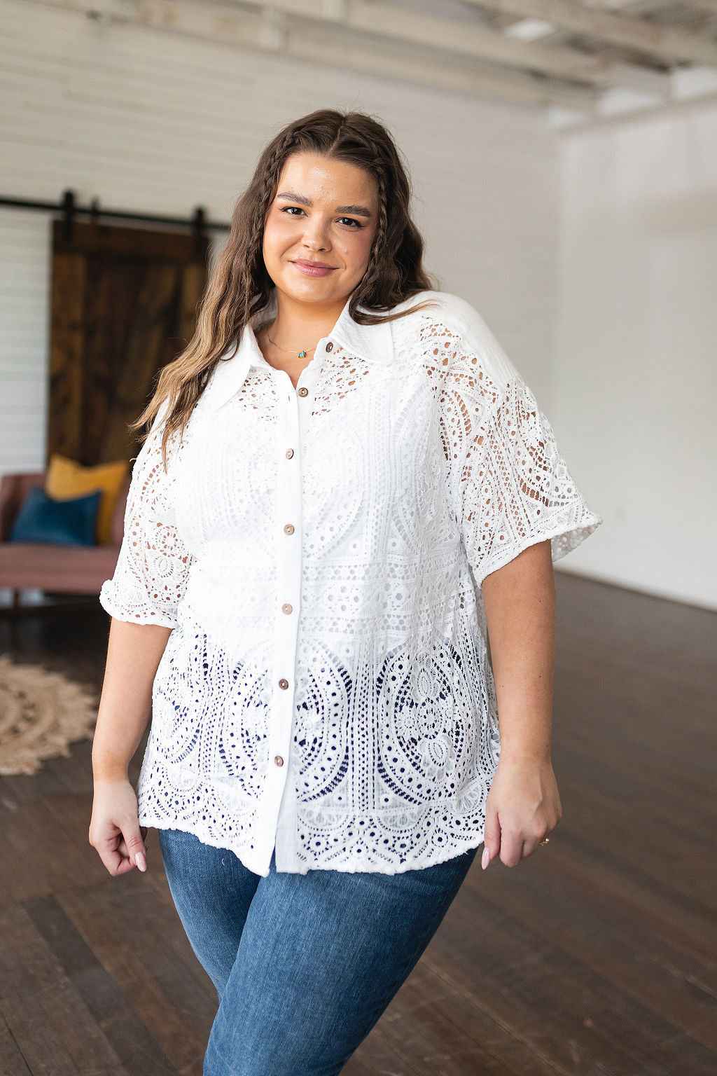 Head in the Clouds Lace Button Down - Liarian Unlimited Boutique