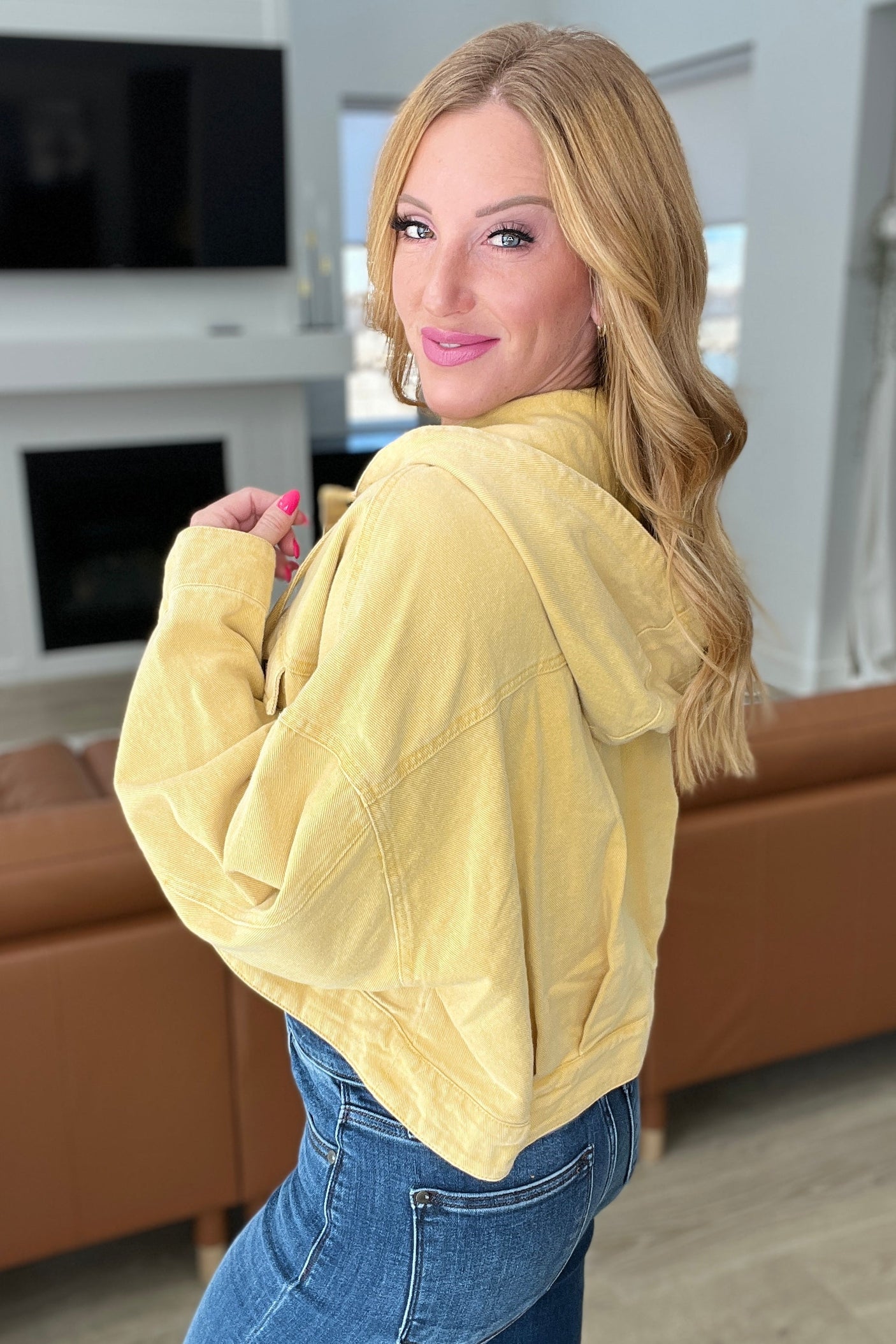Cropped Hooded Denim Jacket in Mustard - Liarian Unlimited Boutique