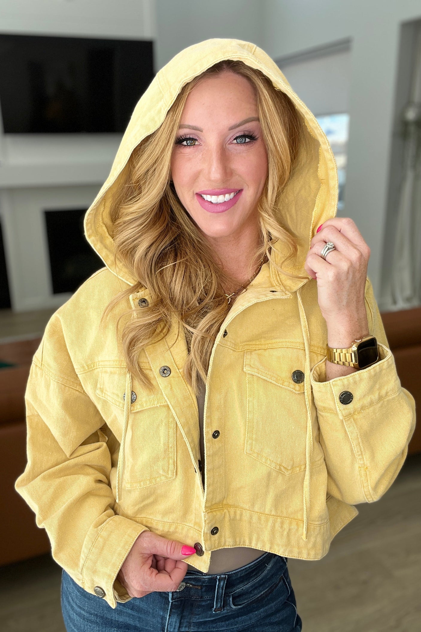 Cropped Hooded Denim Jacket in Mustard - Liarian Unlimited Boutique