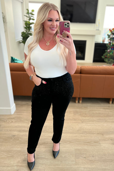 Reese Rhinestone Slim Fit Jeans in Black - Liarian Unlimited Boutique