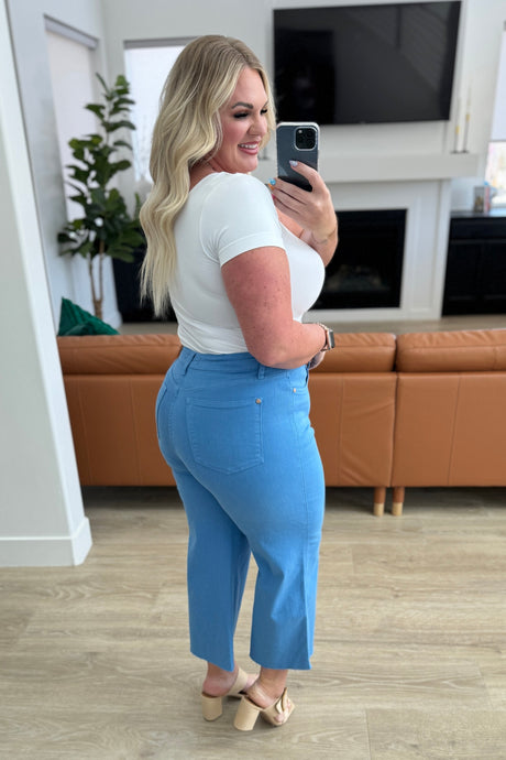 Lisa High Rise Control Top Wide Leg Crop Jeans in Sky Blue - Liarian Unlimited Boutique