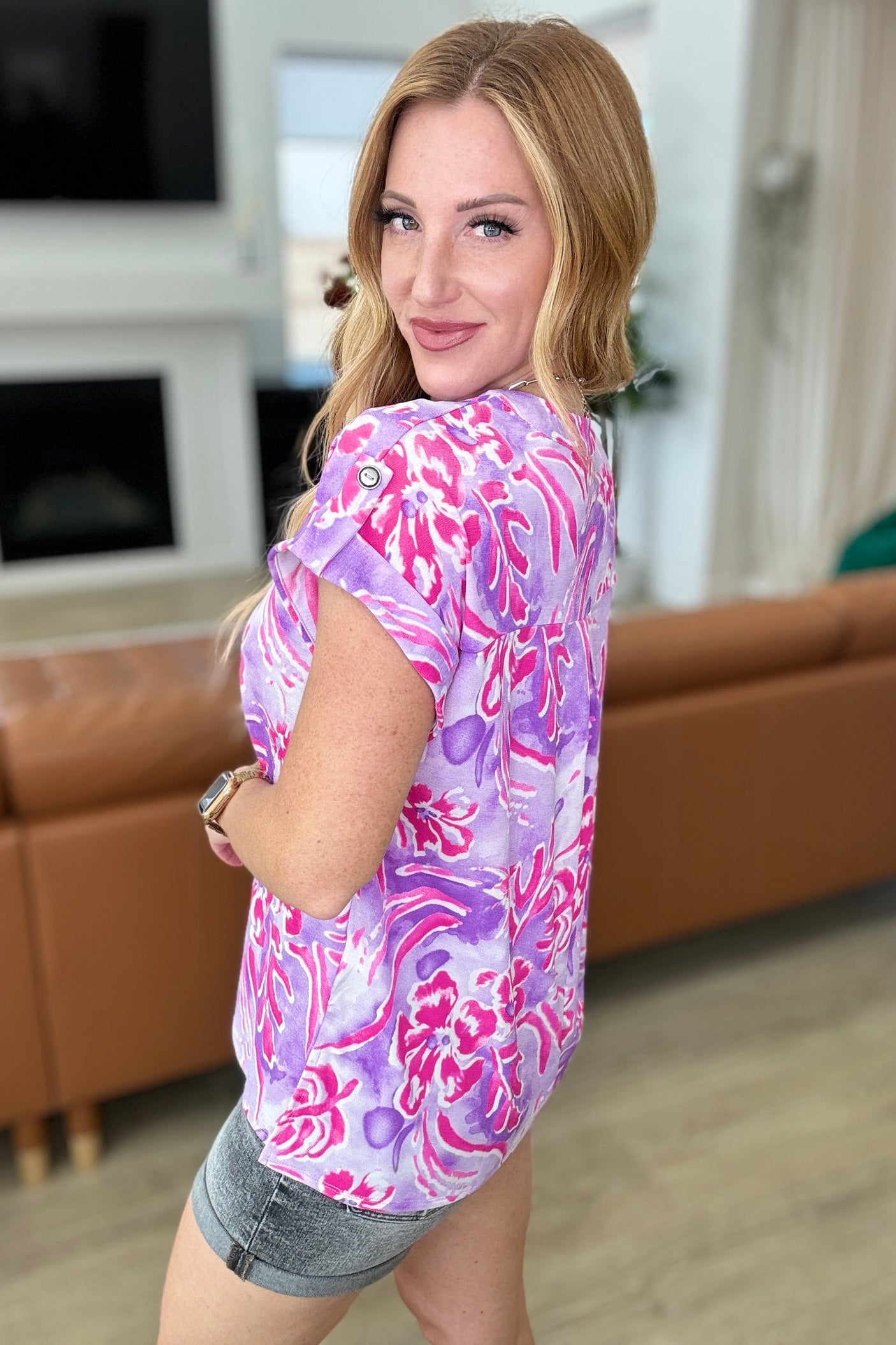 Lizzy Cap Sleeve Top in Purple and Hot Pink Watercolor - Liarian Unlimited Boutique