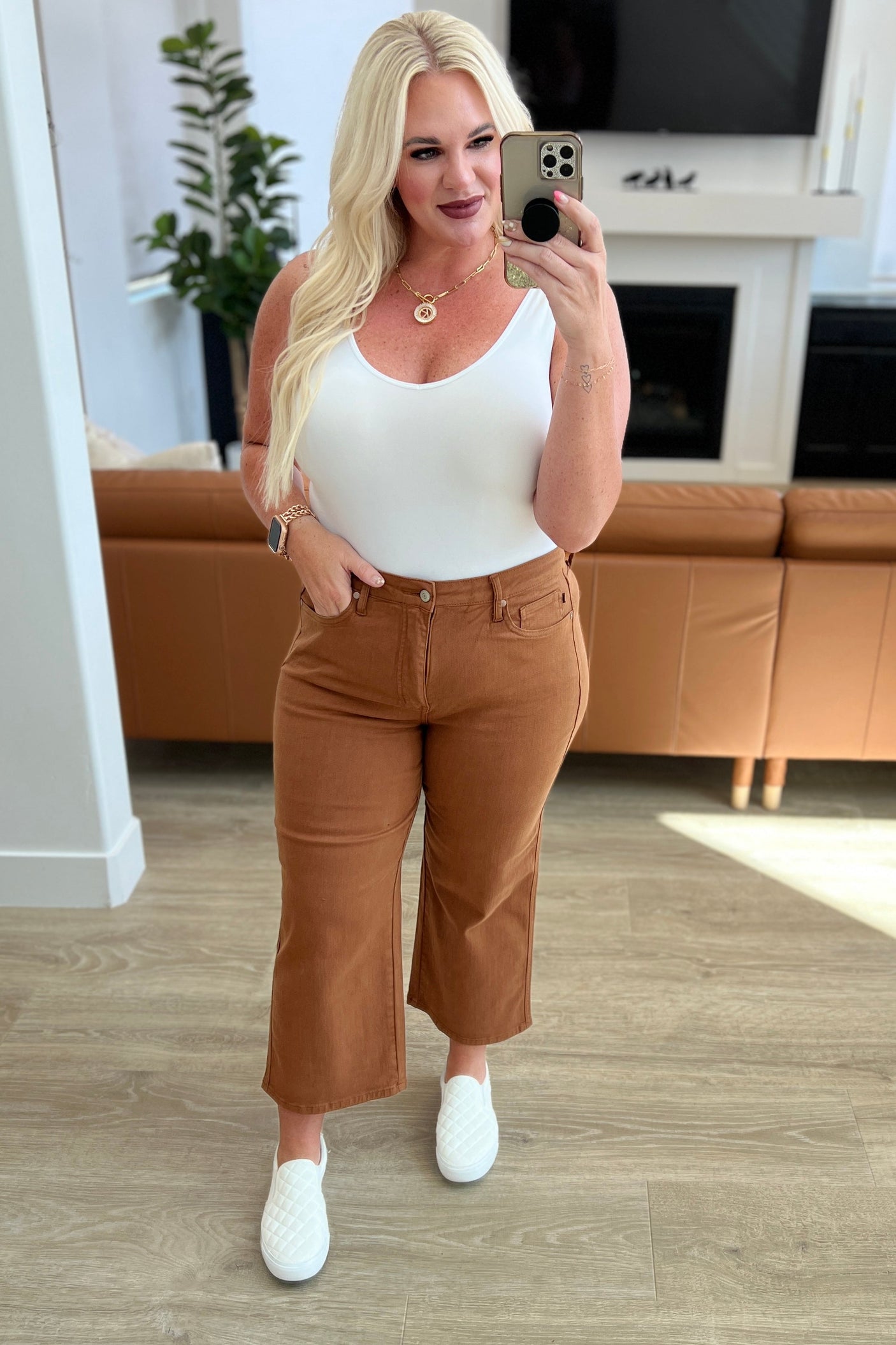 Briar High Rise Control Top Wide Leg Crop Jeans in Camel - Liarian Unlimited Boutique