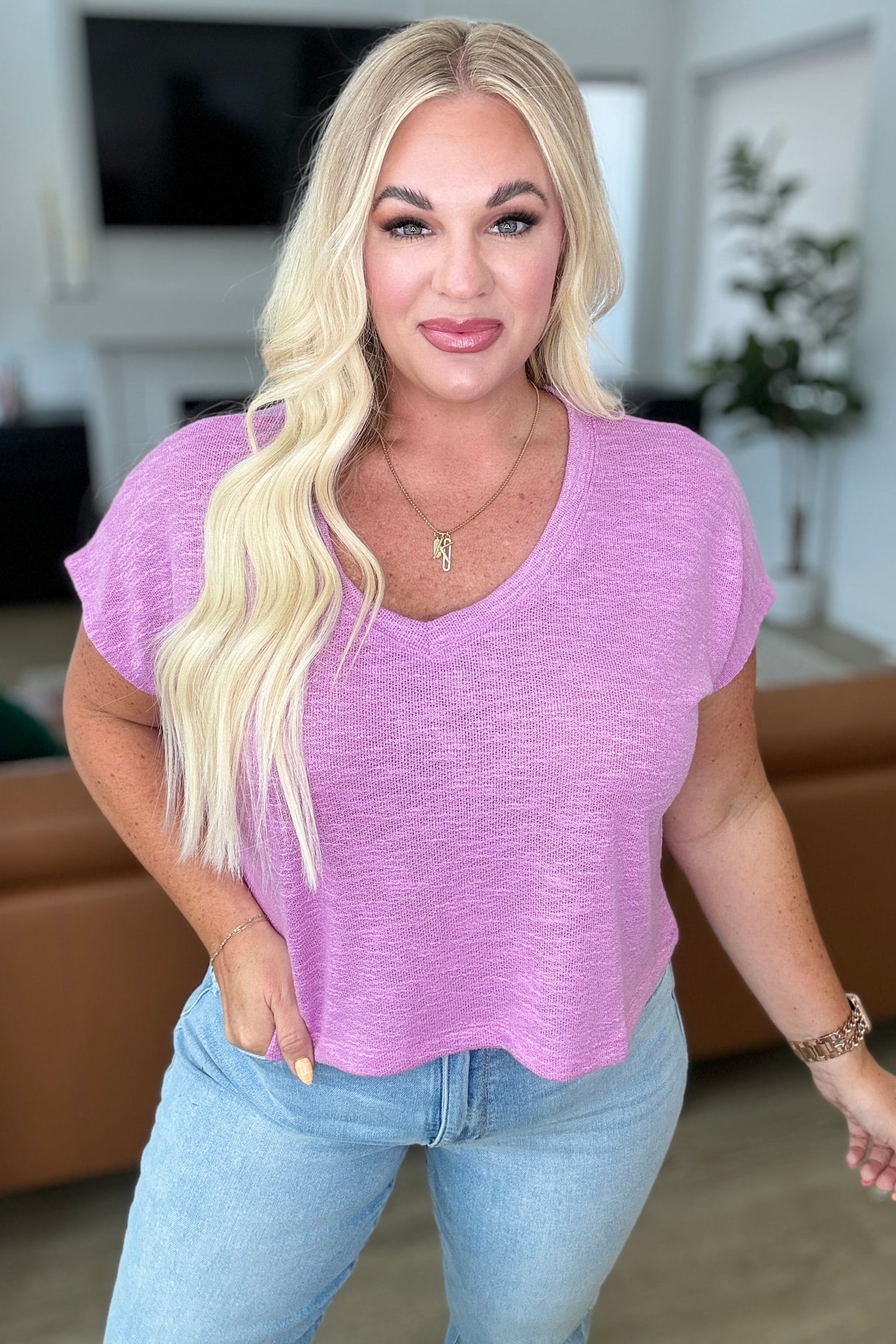 Classic Comfort V-Neck Top in Mauve - Liarian Unlimited Boutique