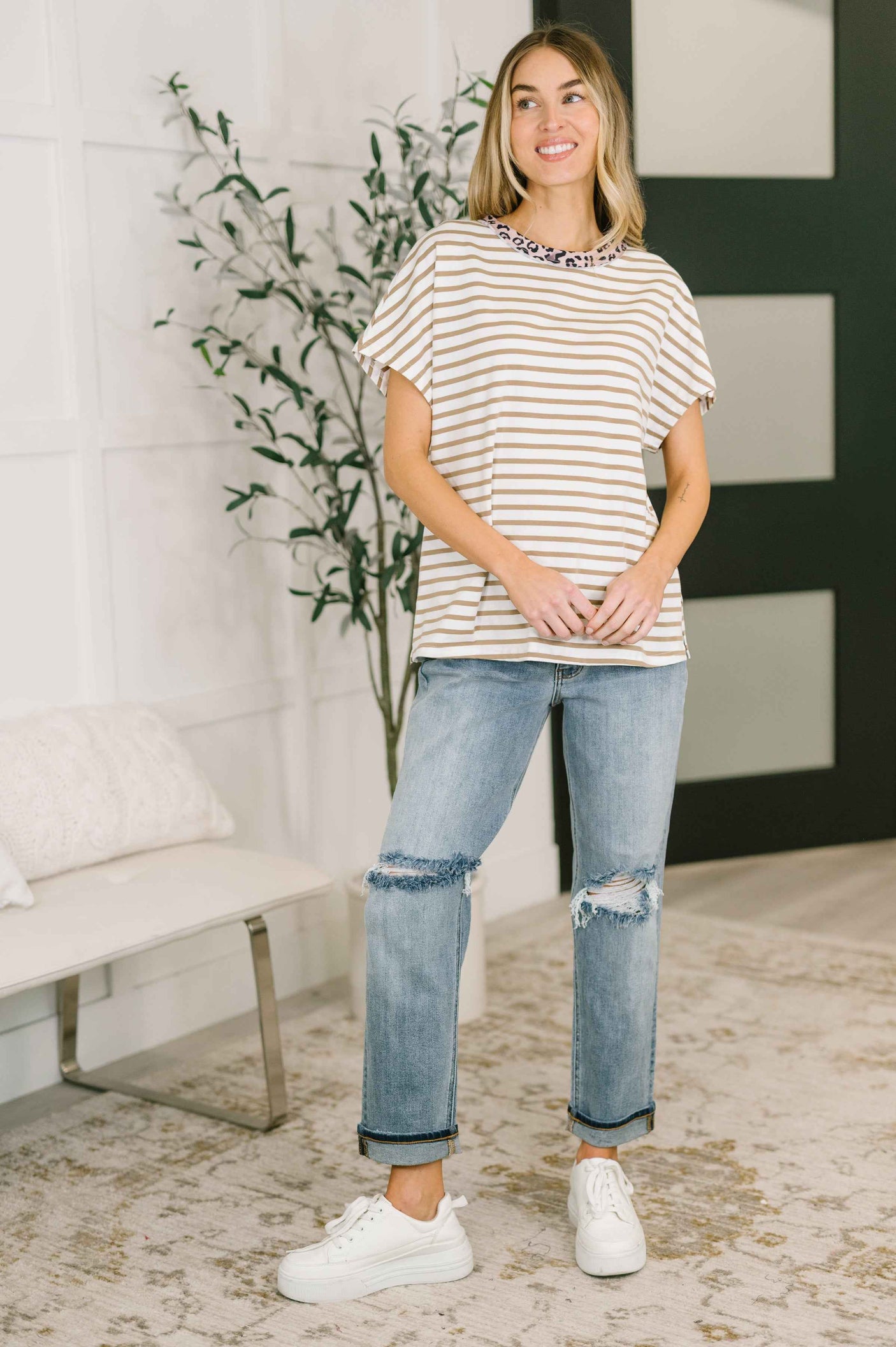 I Think I'm in Love Round Neck Loose Tee in Khaki Leopard