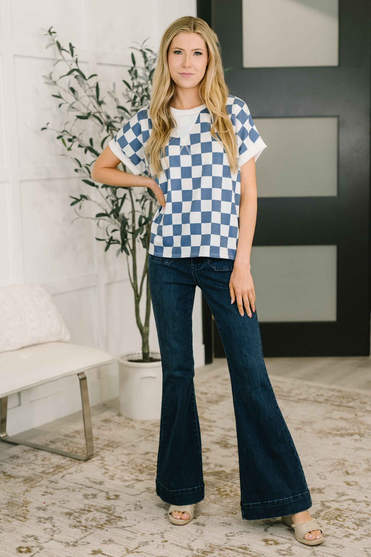 I've Been Everywhere Crew Neck Checkered Top in Blue