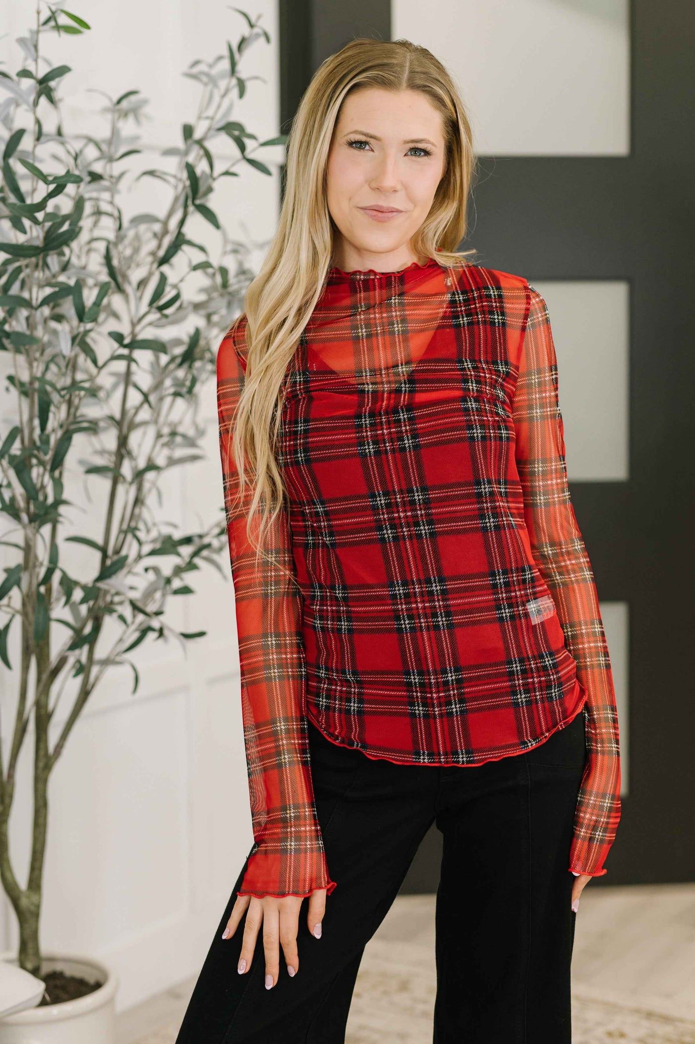 In the Present Plaid Mesh Layering Top in Red