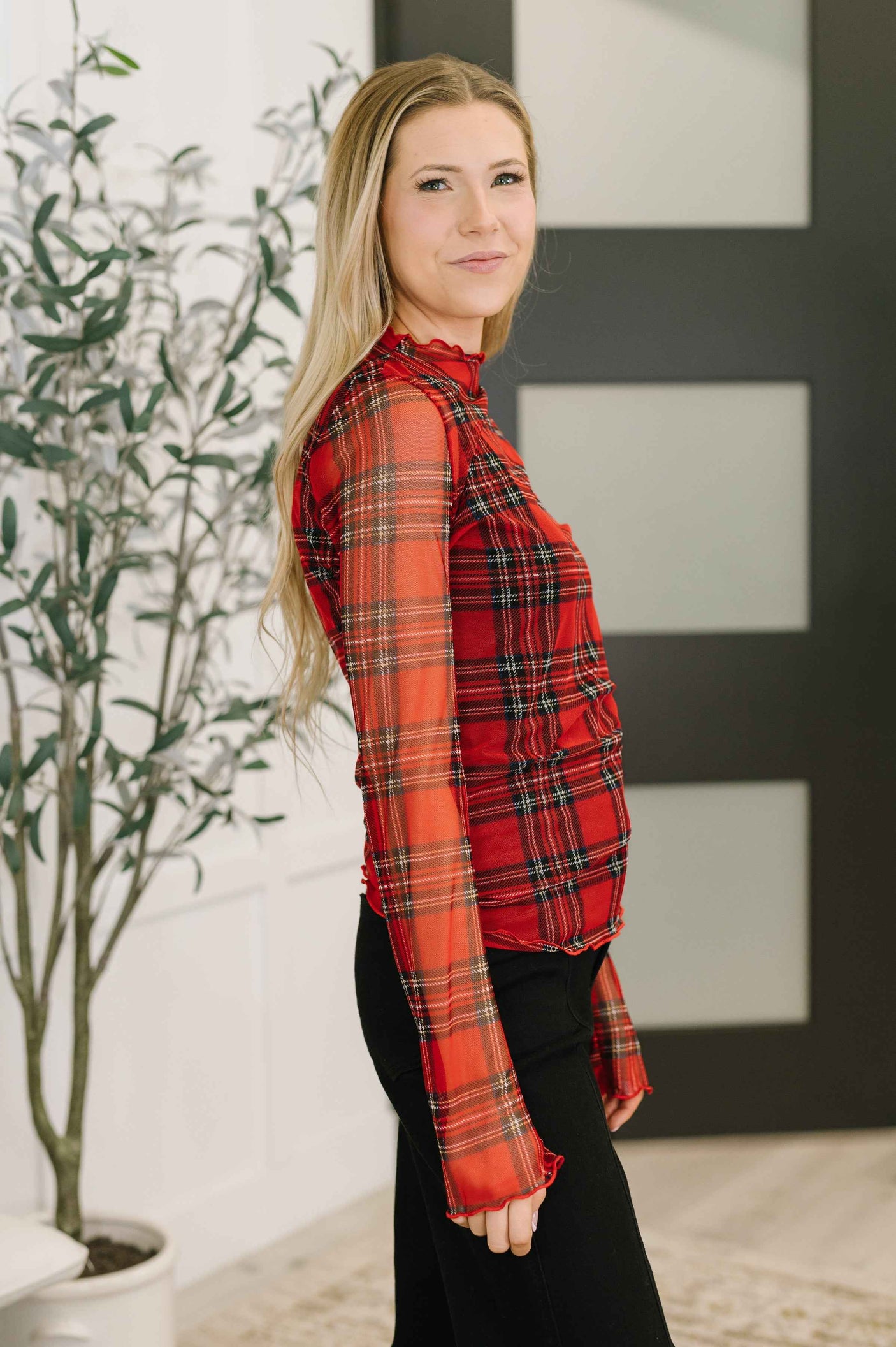 In the Present Plaid Mesh Layering Top in Red