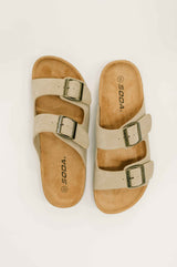 Jete Nubuck Double Buckle Slides in Light Taupe