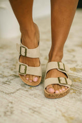 Jete Nubuck Double Buckle Slides in Light Taupe