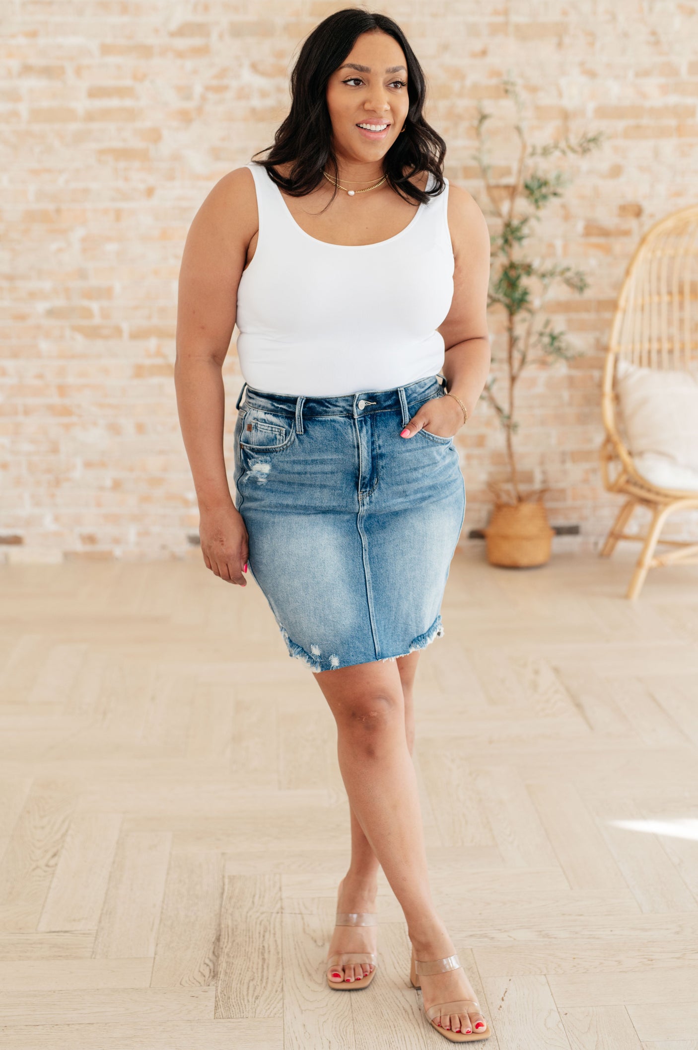 Carol High Rise Rigid Magic Denim Skirt - Liarian Unlimited Boutique