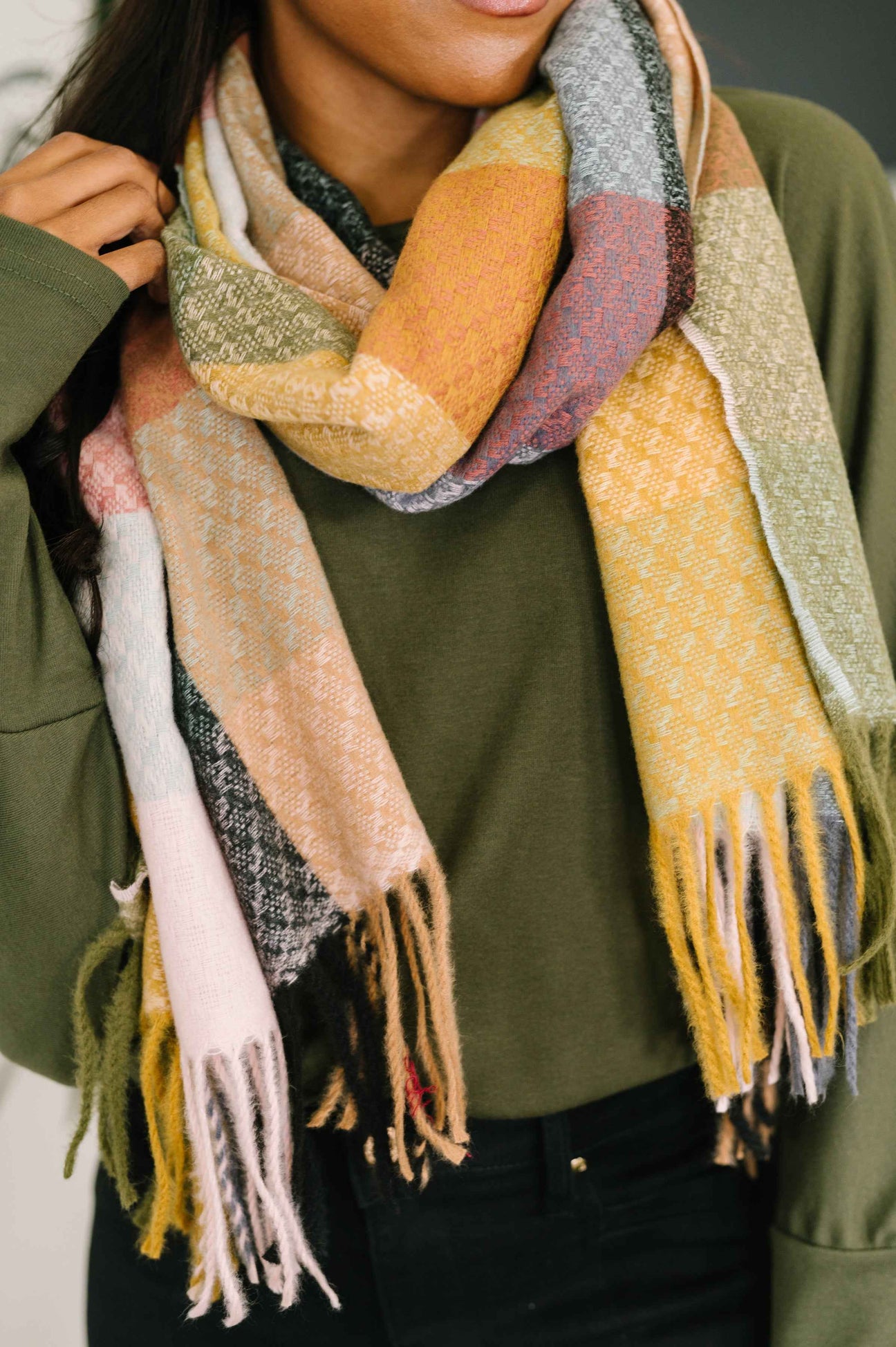 Keep Me Cozy Checkered Fringe Scarf in Pine and Petals